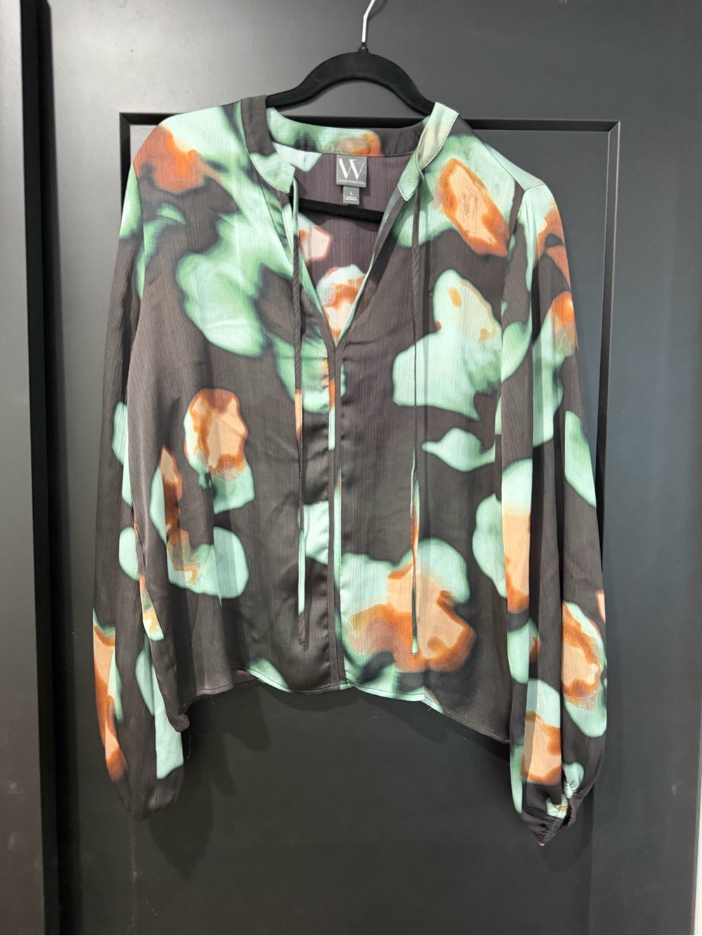 Worthington Abstract Watercolor Print Tie Neck Blouse Sage Green Brown